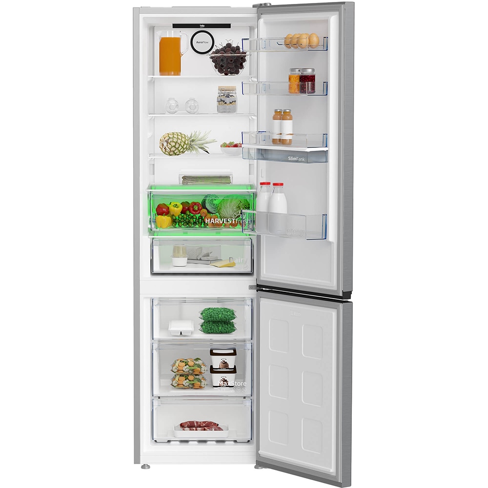 Combina frigorifica BEKO B3RCNA404HDXB1, No Frost, 355 l, H 203.5 cm, Clasa E, Dozator apa, argintiu