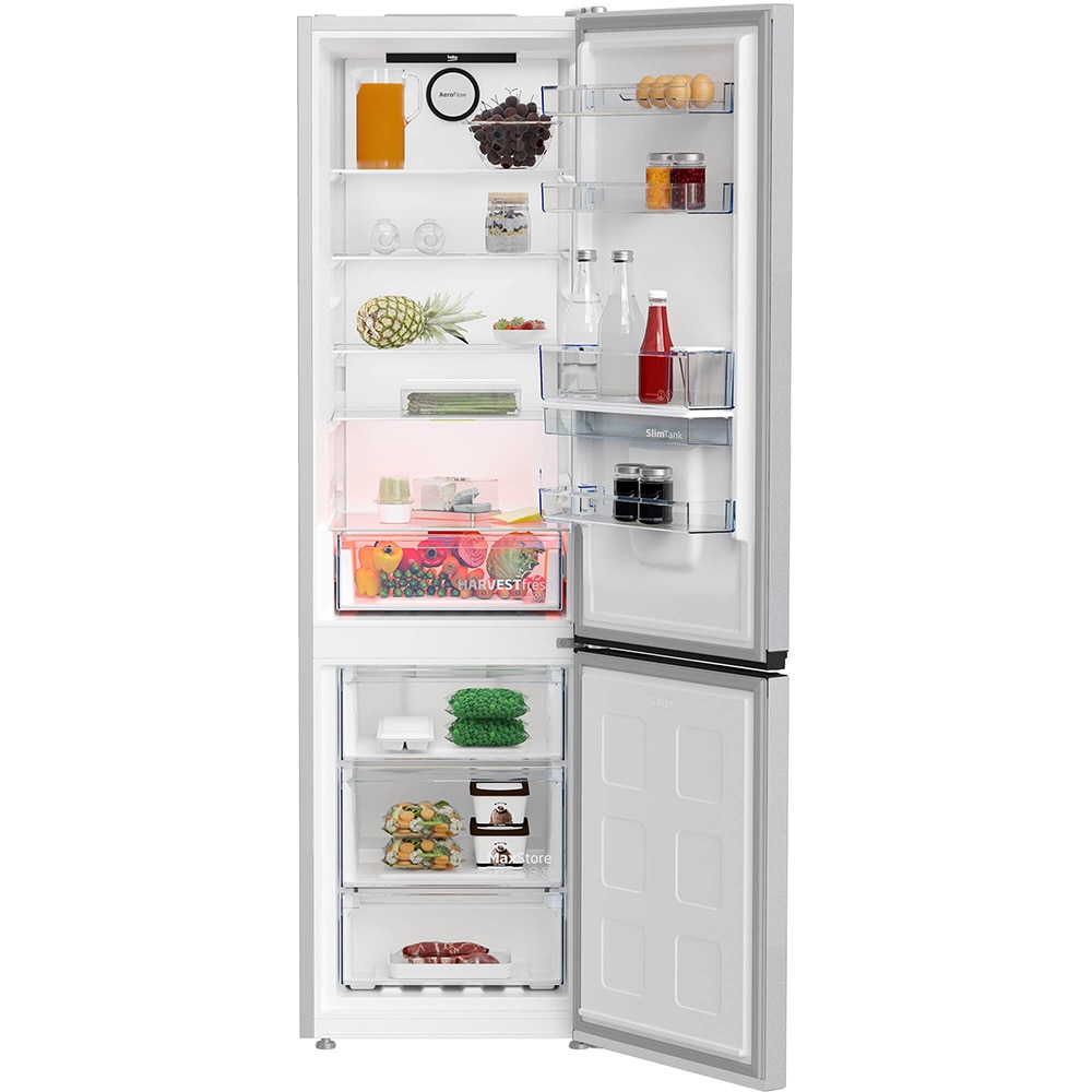 Combina frigorifica BEKO B5RCNA405HDM, No Frost, 355 l, H 203.5 cm, Clasa D, Dozator apa, gri lucios