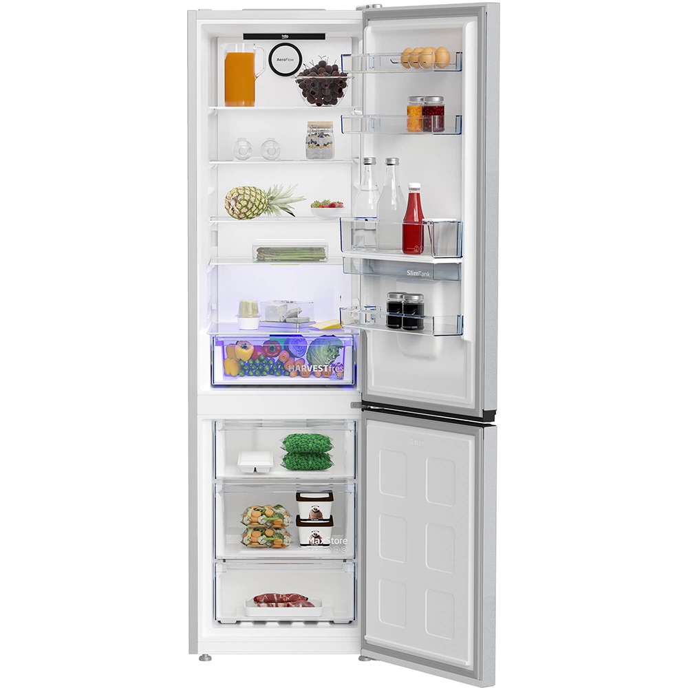 Combina frigorifica BEKO B5RCNA405HDM, No Frost, 355 l, H 203.5 cm, Clasa D, Dozator apa, gri lucios