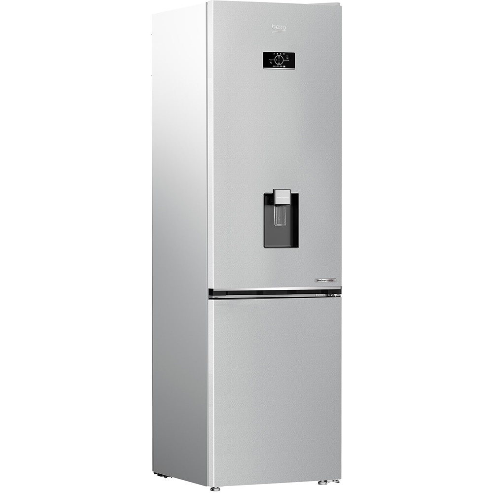 Combina frigorifica BEKO B5RCNA405HDM, No Frost, 355 l, H 203.5 cm, Clasa D, Dozator apa, gri lucios