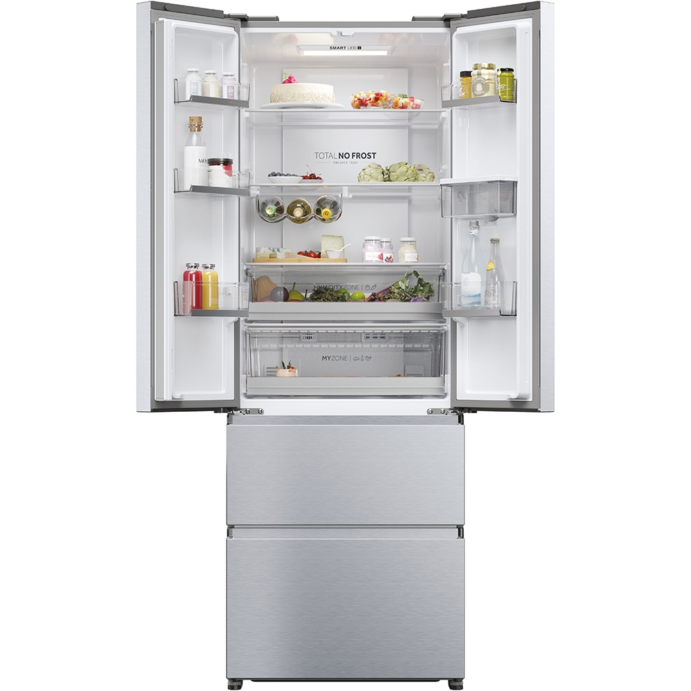Side by Side HAIER HFR5720EWMG, Total No Frost, 477 l, H 201 cm, Clasa E, Dozator apa, argintiu