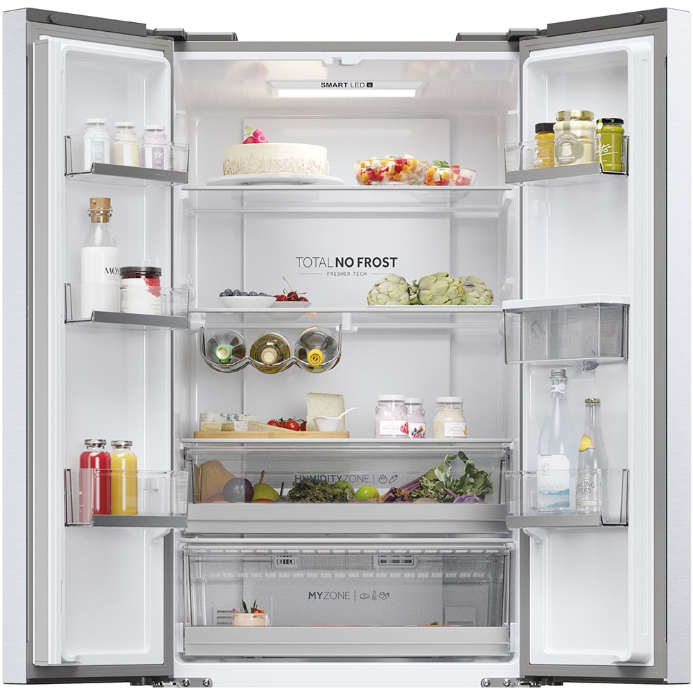 Side by Side HAIER HFR5720EWMG, Total No Frost, 477 l, H 201 cm, Clasa E, Dozator apa, argintiu
