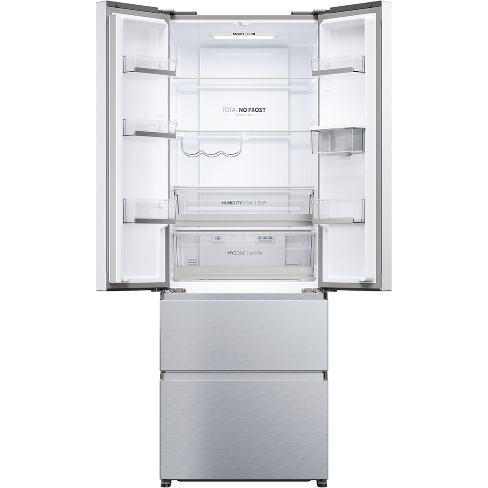 Side by Side HAIER HFR5720EWMG, Total No Frost, 477 l, H 201 cm, Clasa E, Dozator apa, argintiu