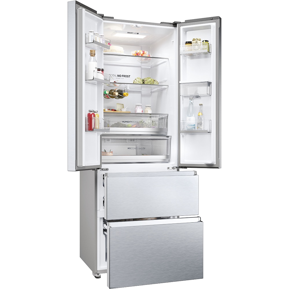 Side by Side HAIER HFR5720EWMG, Total No Frost, 477 l, H 201 cm, Clasa E, Dozator apa, argintiu