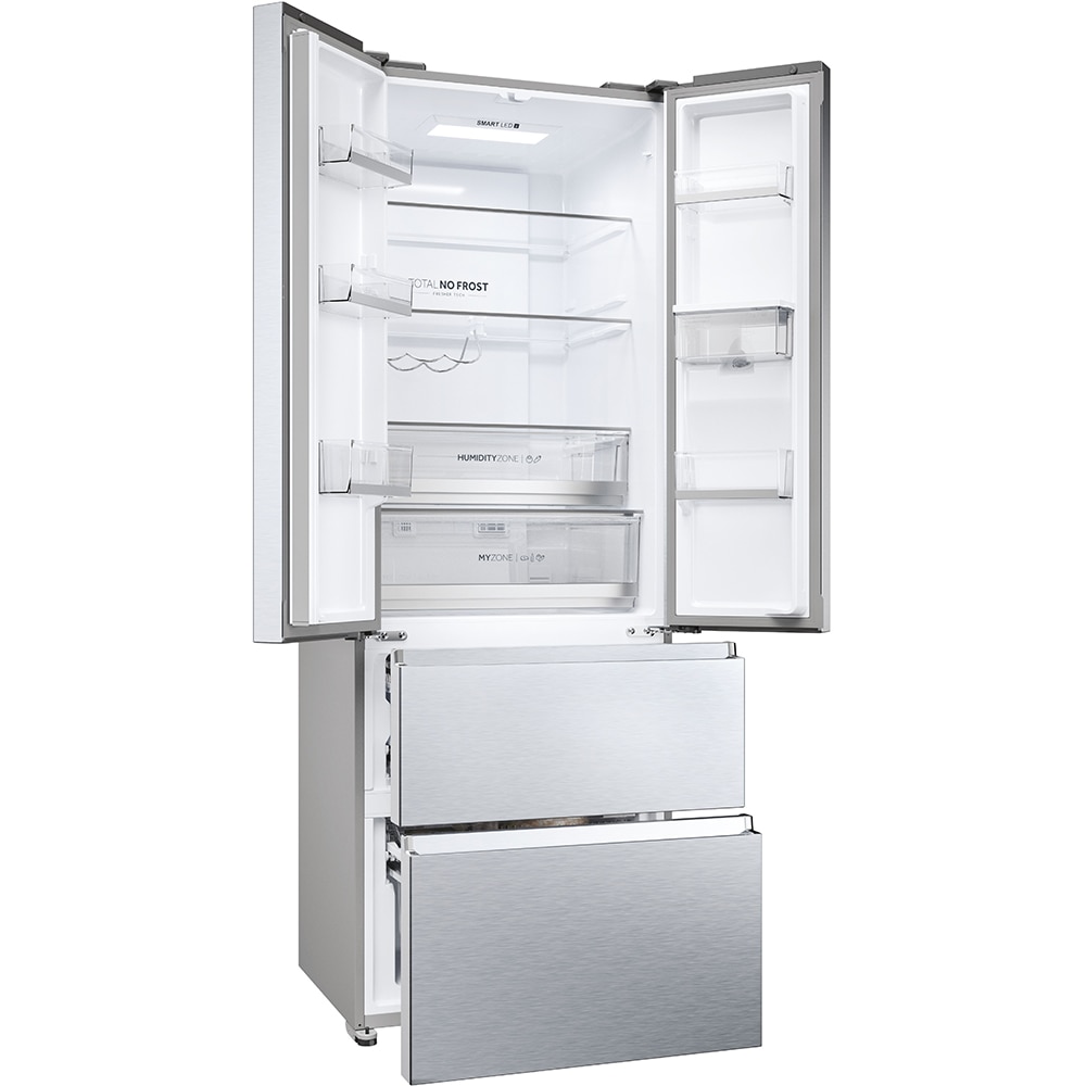 Side by Side HAIER HFR5720EWMG, Total No Frost, 477 l, H 201 cm, Clasa E, Dozator apa, argintiu