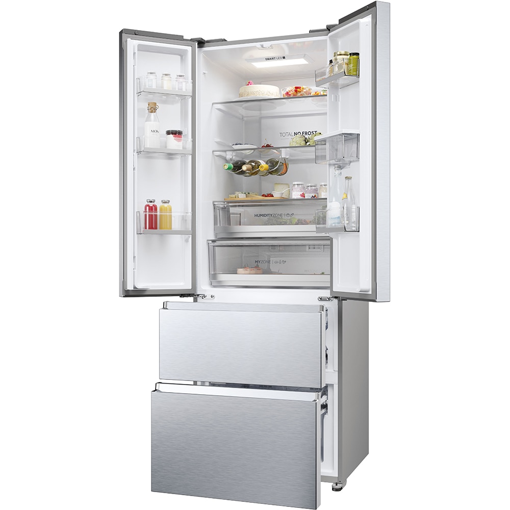 Side by Side HAIER HFR5720EWMG, Total No Frost, 477 l, H 201 cm, Clasa E, Dozator apa, argintiu