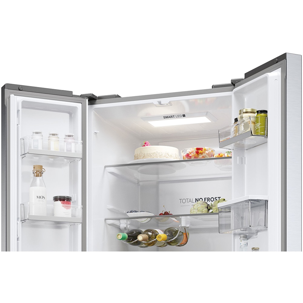 Side by Side HAIER HFR5720EWMG, Total No Frost, 477 l, H 201 cm, Clasa E, Dozator apa, argintiu
