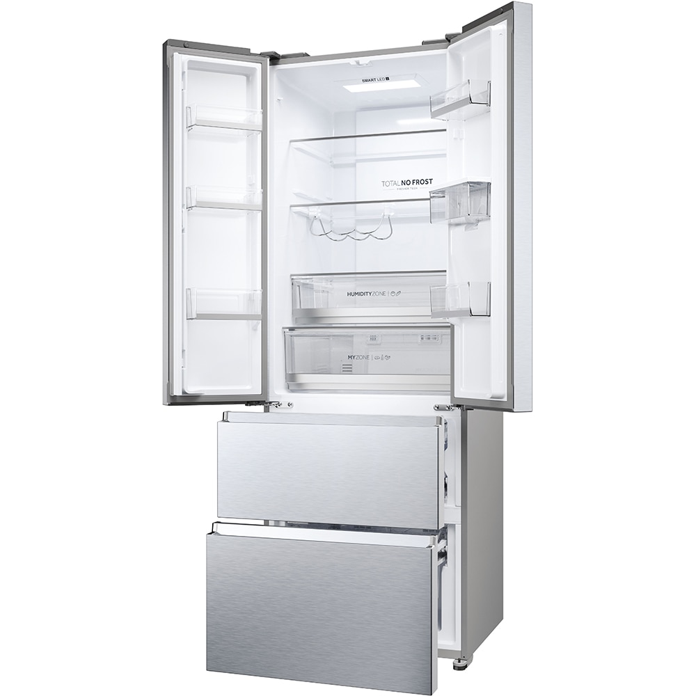 Side by Side HAIER HFR5720EWMG, Total No Frost, 477 l, H 201 cm, Clasa E, Dozator apa, argintiu
