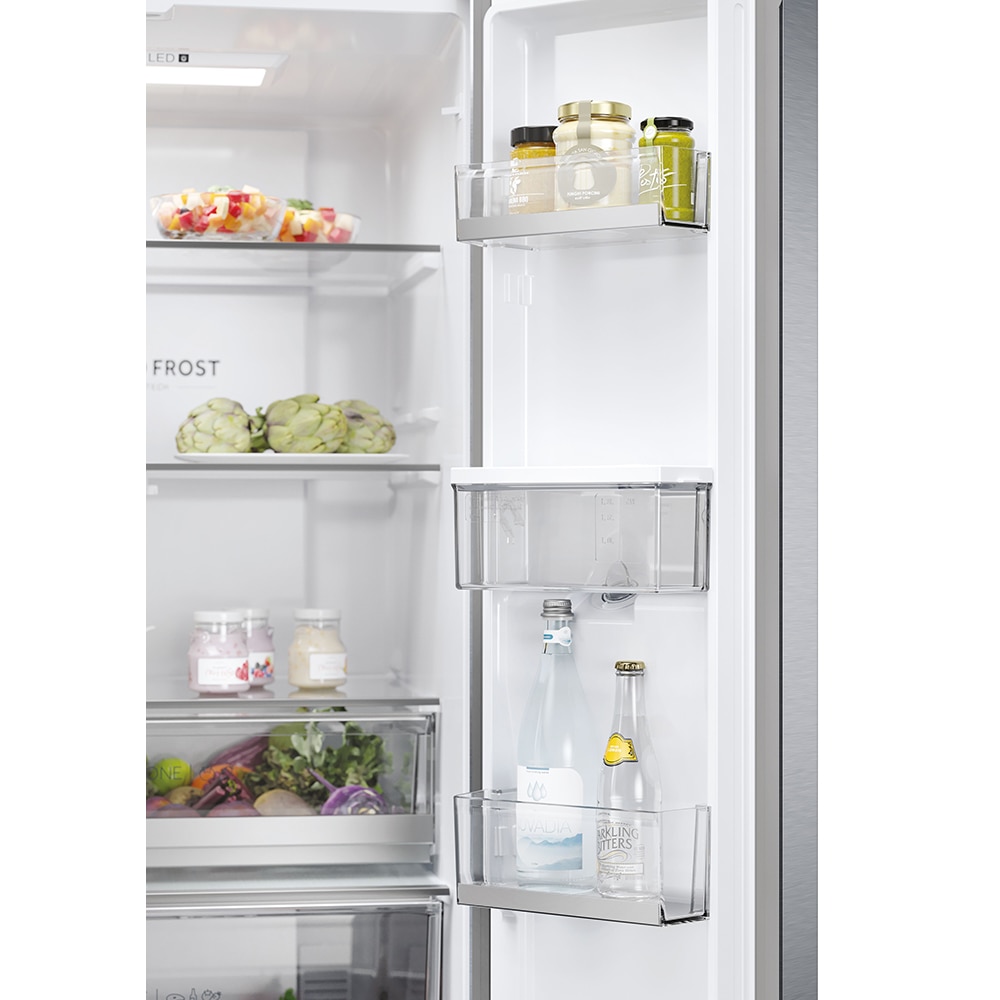 Side by Side HAIER HFR5720EWMG, Total No Frost, 477 l, H 201 cm, Clasa E, Dozator apa, argintiu