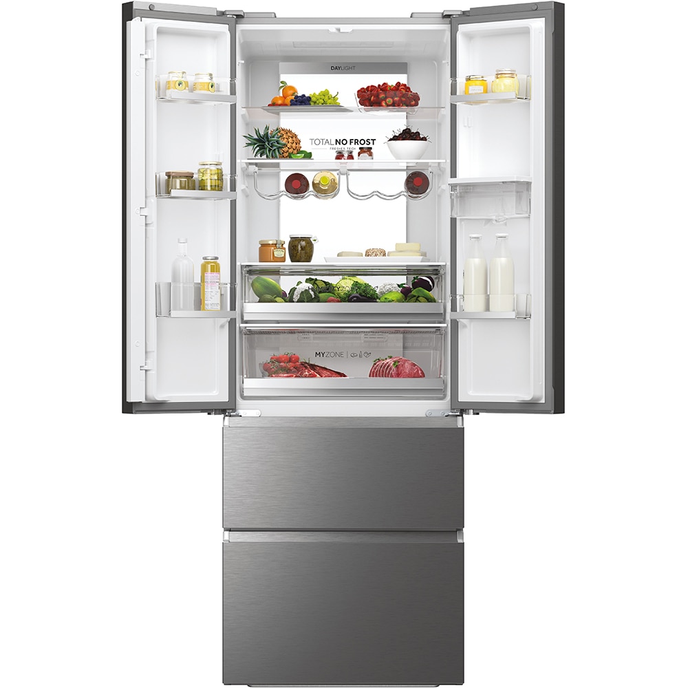 Side by Side HAIER HFR7720DWMP, Total No Frost, 477 l, H 201 cm, Clasa D, Dozator apa, inox