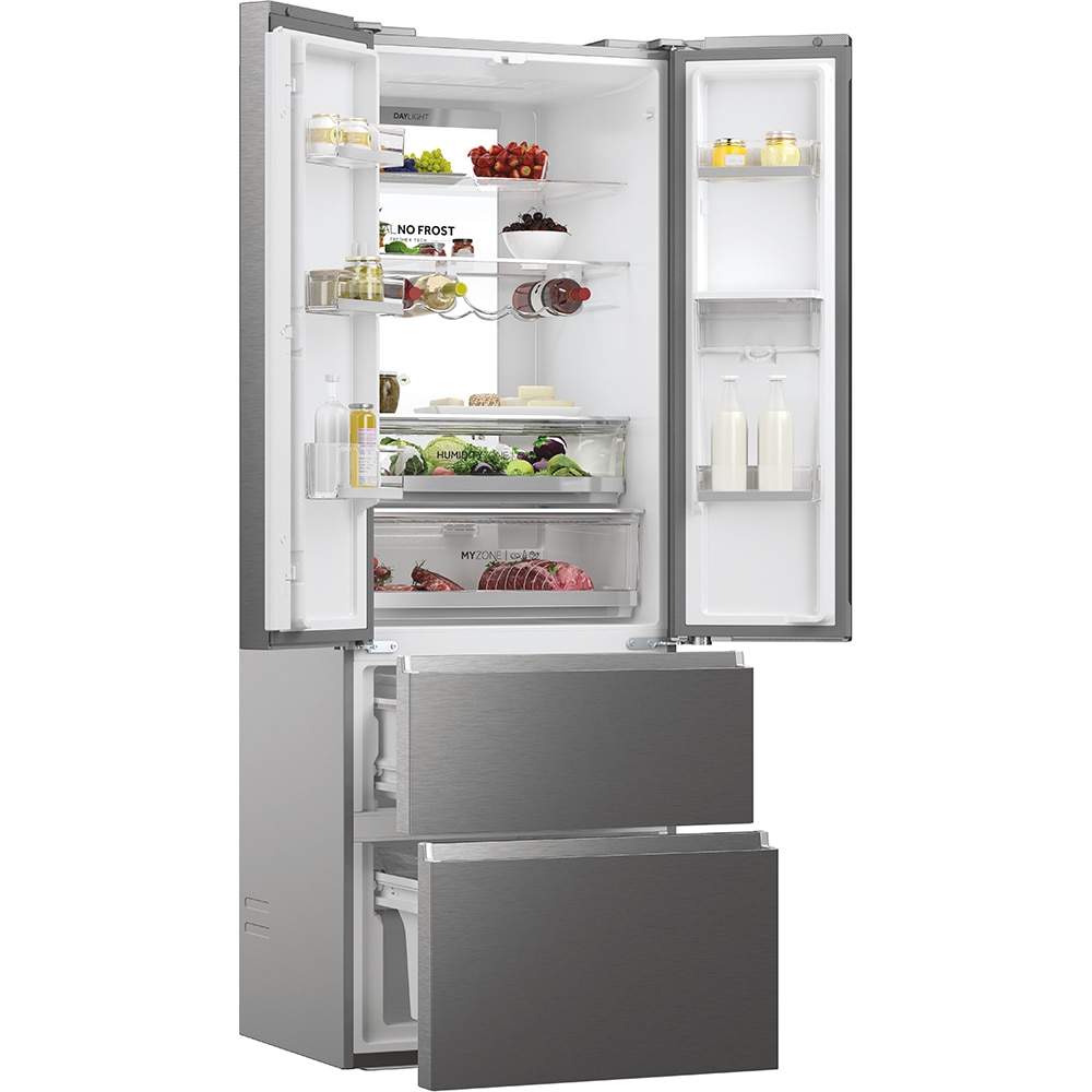 Side by Side HAIER HFR7720DWMP, Total No Frost, 477 l, H 201 cm, Clasa D, Dozator apa, inox