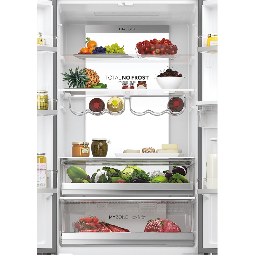 Side by Side HAIER HFR7720DWMP, Total No Frost, 477 l, H 201 cm, Clasa D, Dozator apa, inox