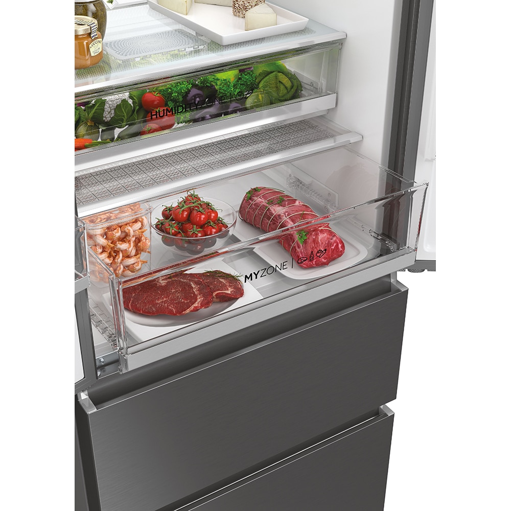 Side by Side HAIER HFR7720DWMP, Total No Frost, 477 l, H 201 cm, Clasa D, Dozator apa, inox