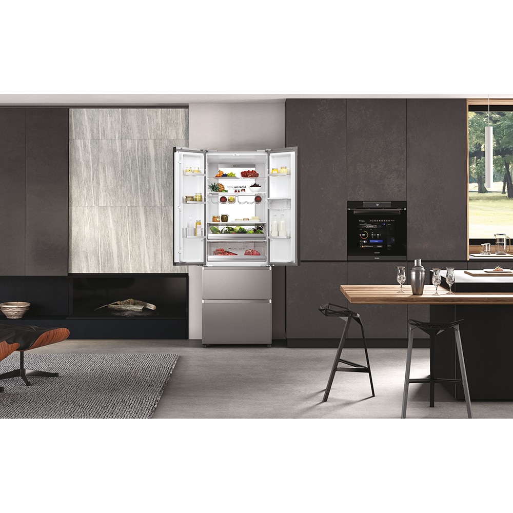 Side by Side HAIER HFR7720DWMP, Total No Frost, 477 l, H 201 cm, Clasa D, Dozator apa, inox
