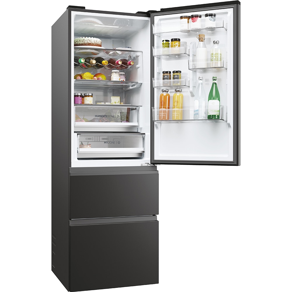 Combina frigorifica HAIER HTW5618DNPT, Total No Frost, 360 l, H 185 cm, Clasa D, Wi-Fi, negru