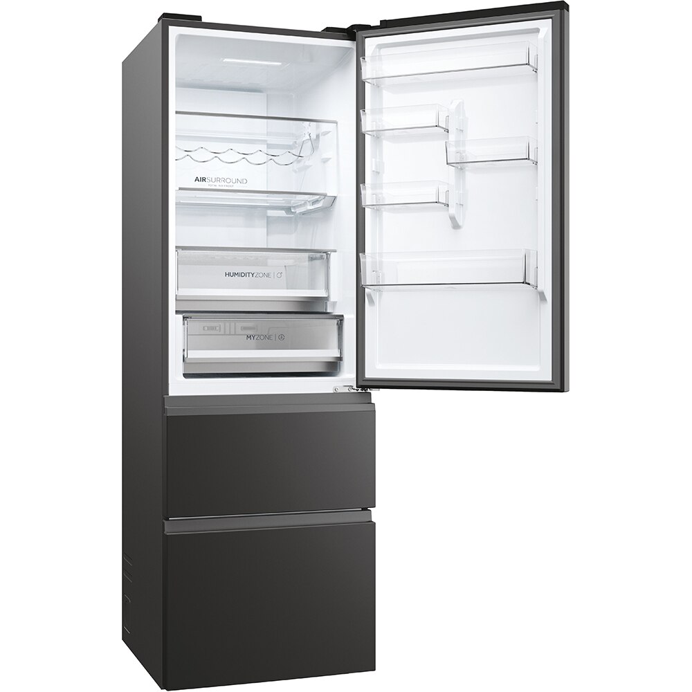 Combina frigorifica HAIER HTW5618DNPT, Total No Frost, 360 l, H 185 cm, Clasa D, Wi-Fi, negru