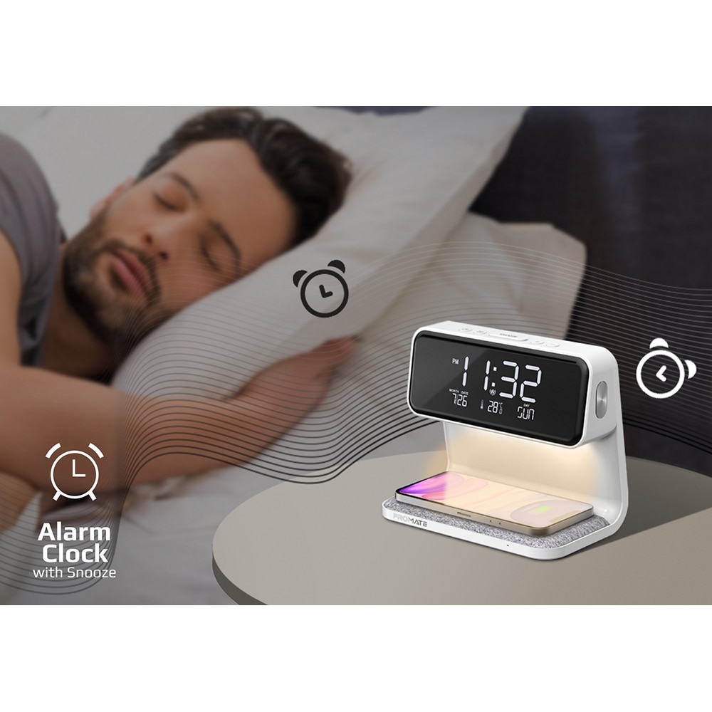 Ceas desteptator cu incarcare wireless pentru telefon, 15W, PROMATE Lumix,, alb