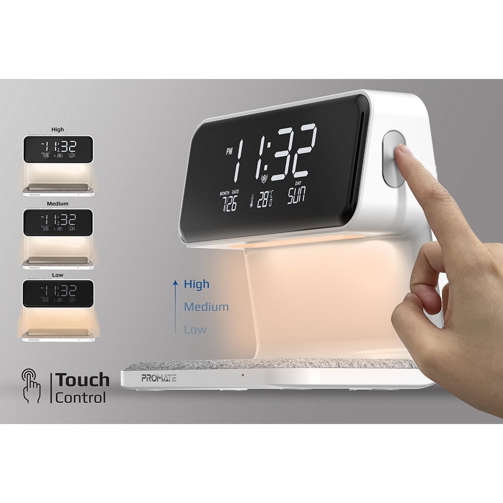 Ceas desteptator cu incarcare wireless pentru telefon, 15W, PROMATE Lumix,, alb