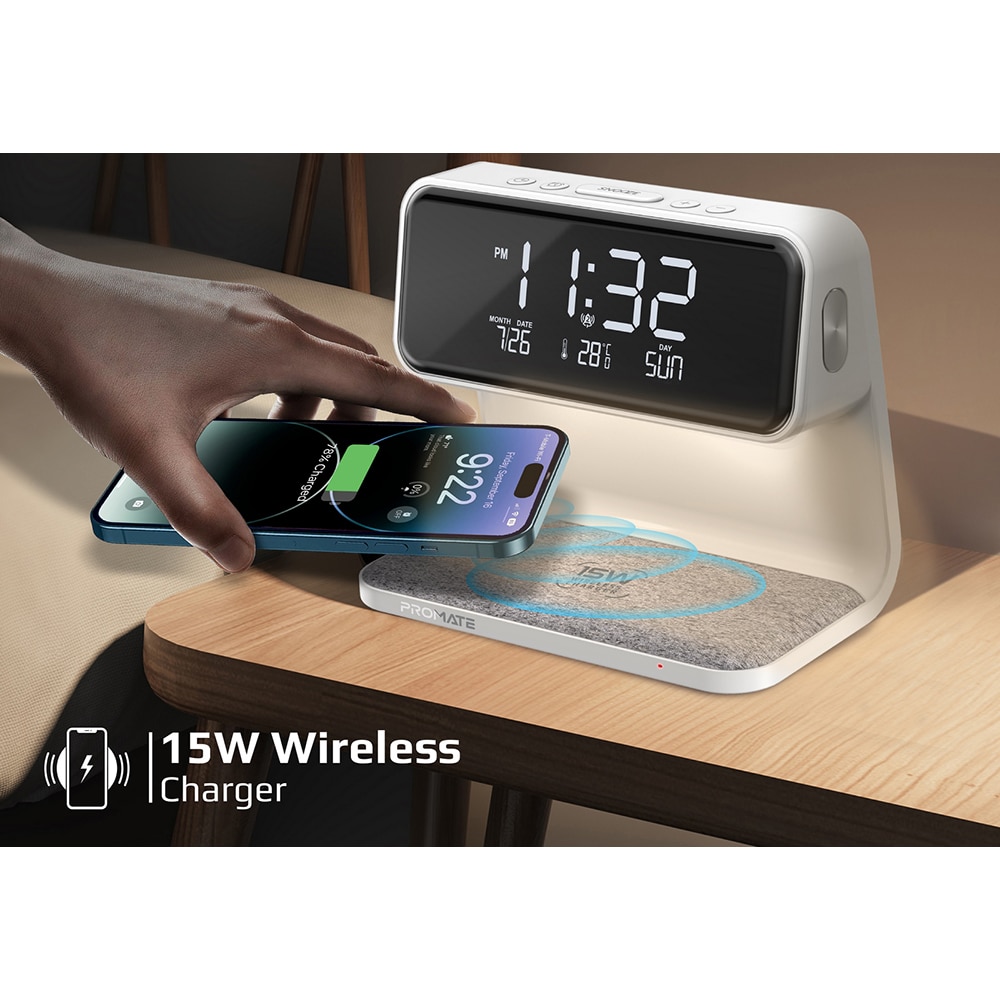 Ceas desteptator cu incarcare wireless pentru telefon, 15W, PROMATE Lumix,, alb