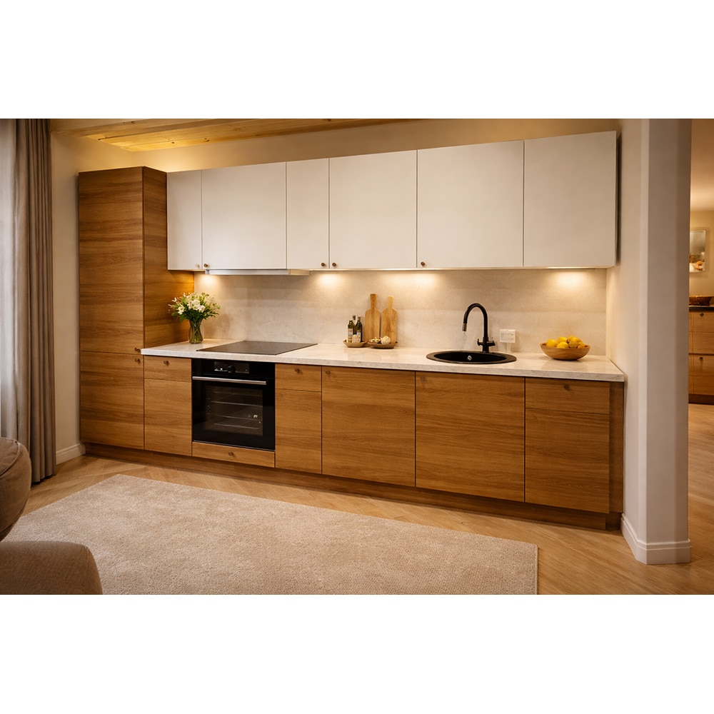 Mobila bucatarie Chia-Balsamita, PAL, 330 x 60 x 216 cm, maro-alb