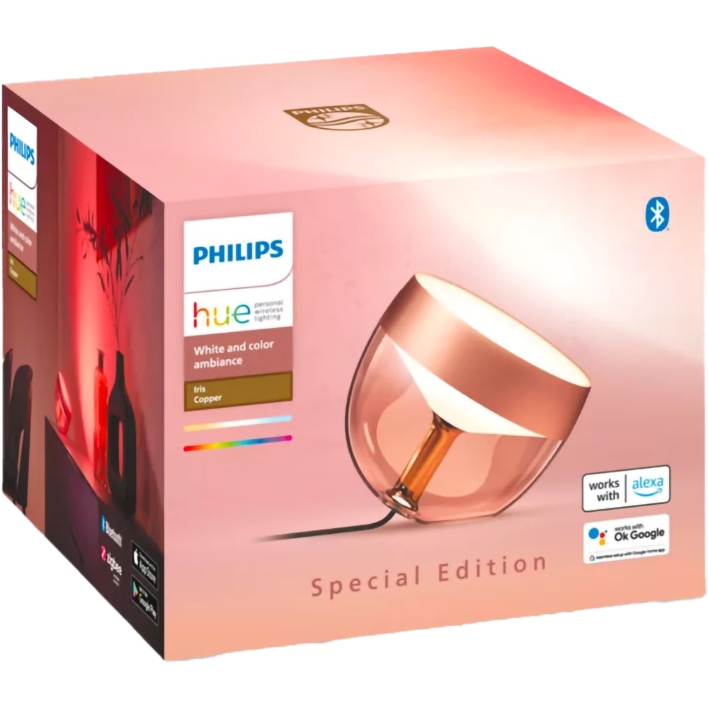 Veioza LED PHILIPS HUE Iris, 8.2W, 570lm, Wi-Fi, lumina RGB, cupru