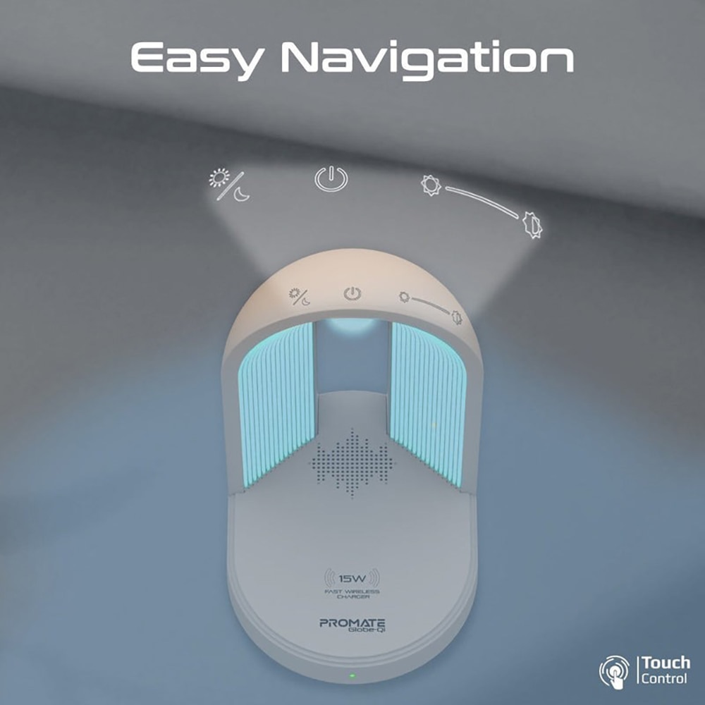Lampa de birou cu LED PROMATE Globe-Qi, 15W, boxa bluetooth, incarcator wireless, alb