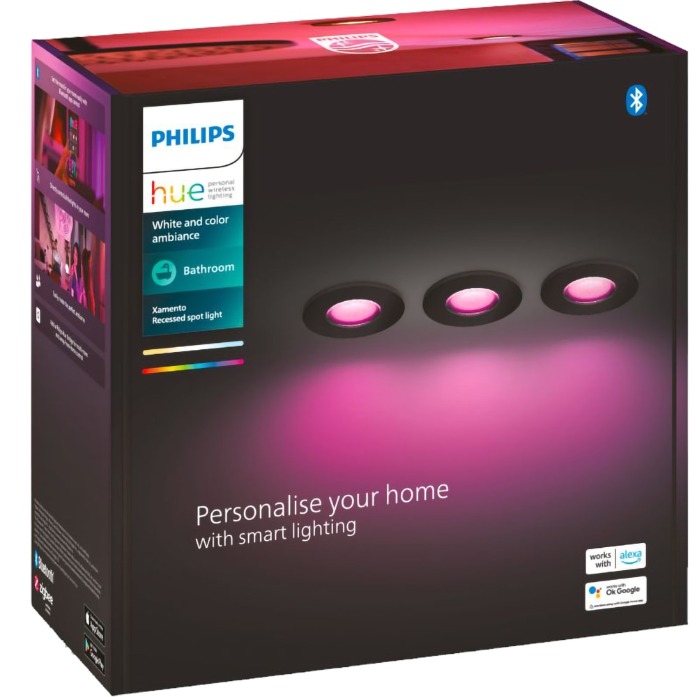 Set 3 spoturi LED smart PHILIPS HUE Xamento 8719514452190, 5.7W, 1050lm, IP44, RGB, negru