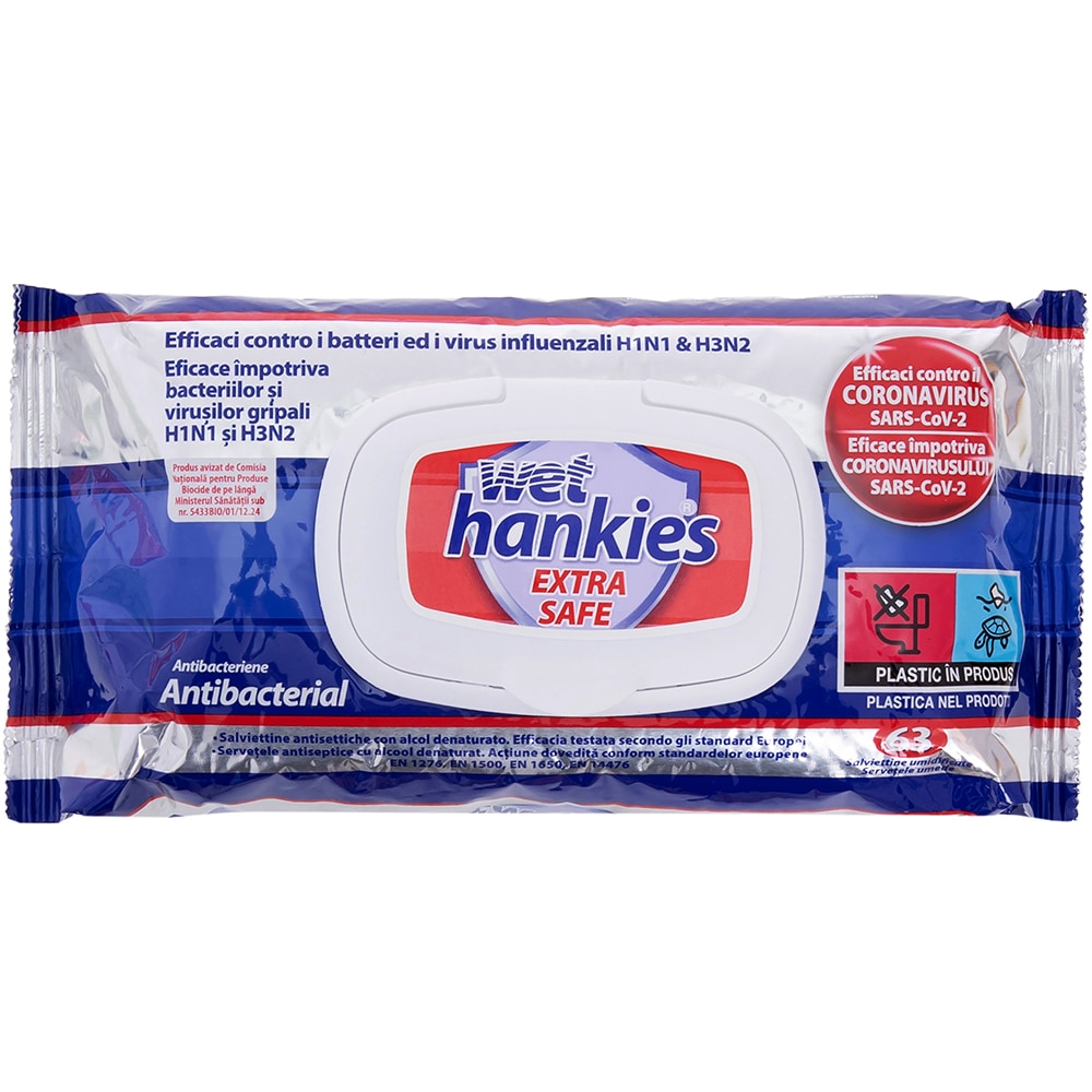 Servetele umede antibacteriene WET HANKIES Extra Safe, 63 bucati