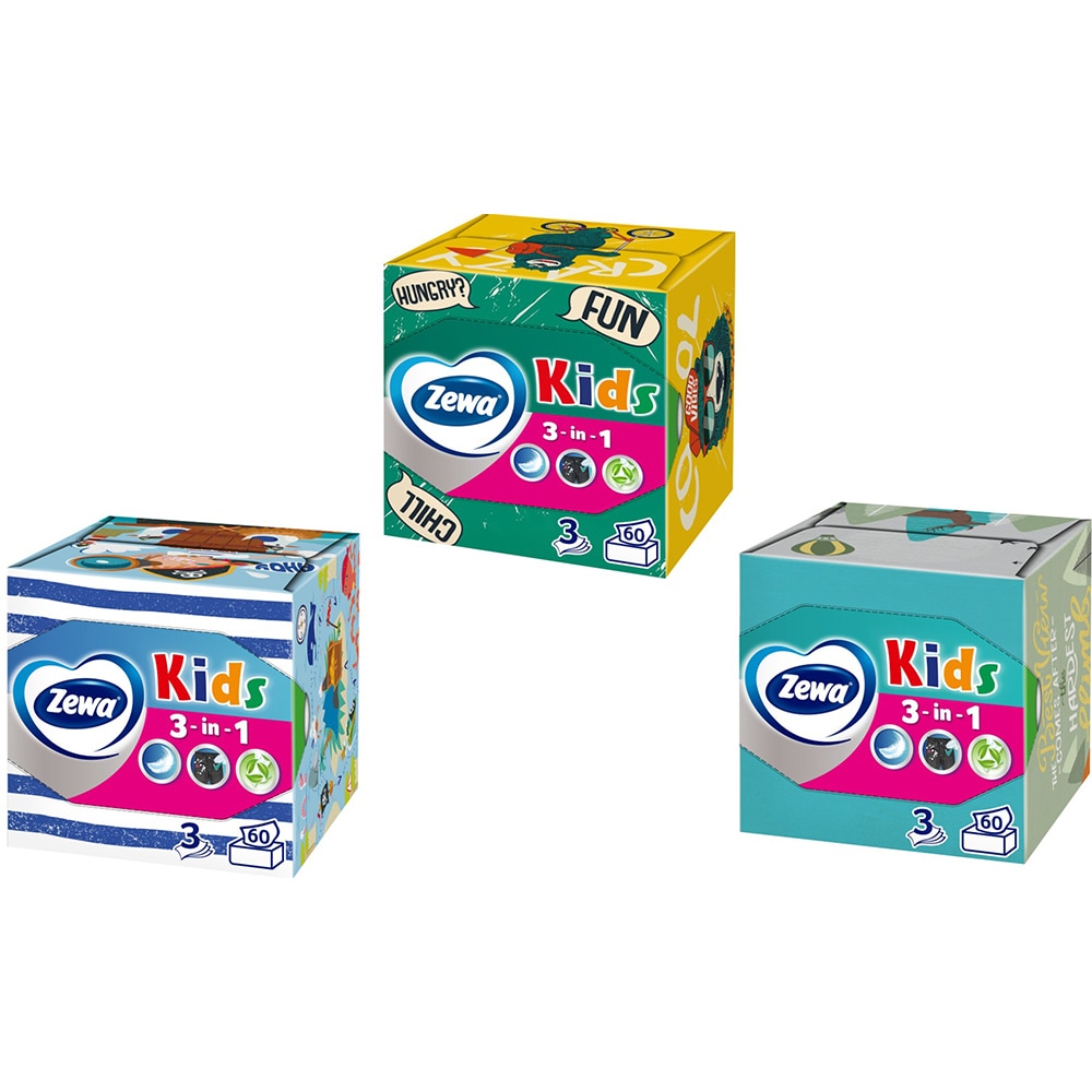 Servetele faciale ZEWA Kids, 3 straturi, 60 bucati, 12 pachete