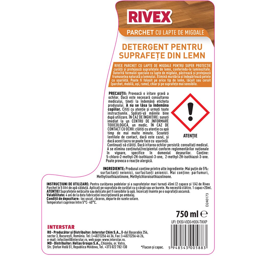 Solutie curatare parchet RIVEX Lapte de migdale, 750 ml