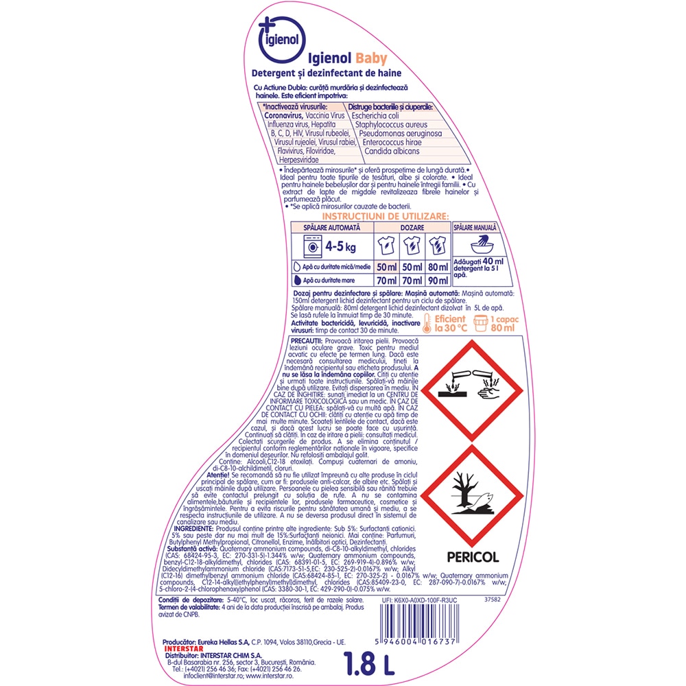 Detergent lichid IGIENOL Baby Lapte de migdale, 1.8 l, 36 spalari