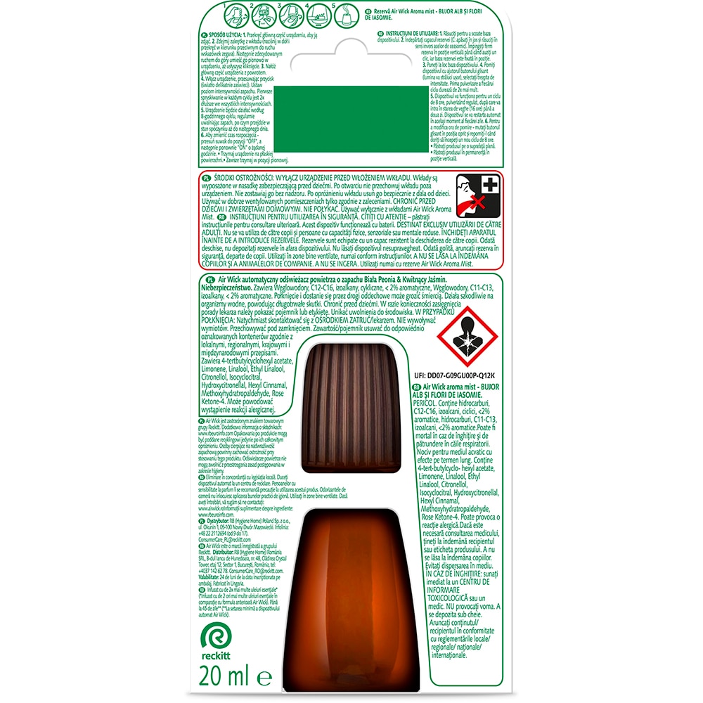 Rezerva pentru difuzor de parfum cu uleiuri esentiale AIR WICK Aroma Mist, Bujor alb si Flori de iasomie, 20 ml