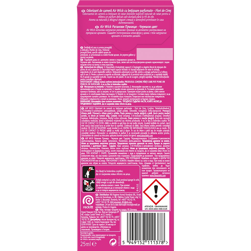 Odorizant cu betisoare AIR WICK, Cherry Blossom, 25 ml