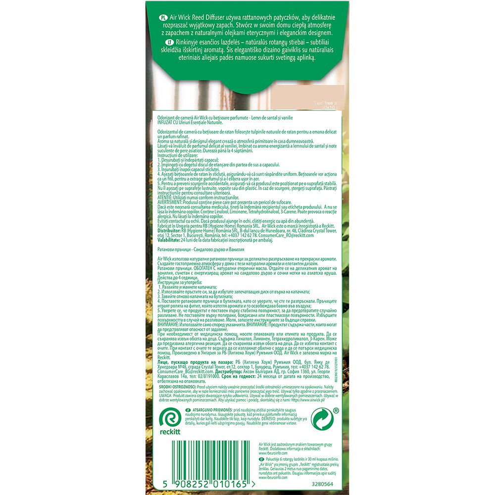 Odorizant cu betisoare AIR WICK, Lemn de Santal & Vanilie, 30 ml