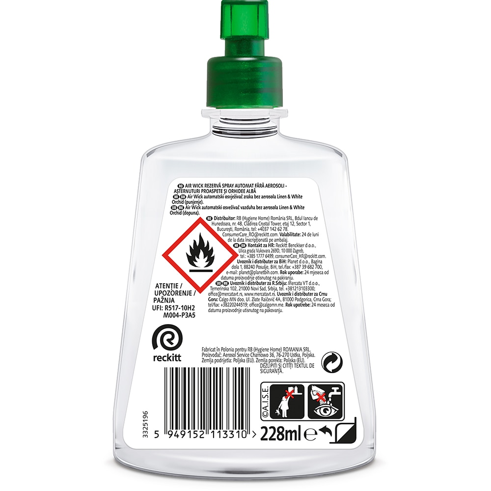 Rezerva odorizant de camera automat fara aerosoli Air Wick, Asternuturi Proaspete si Orhidee Alba, 228 ml