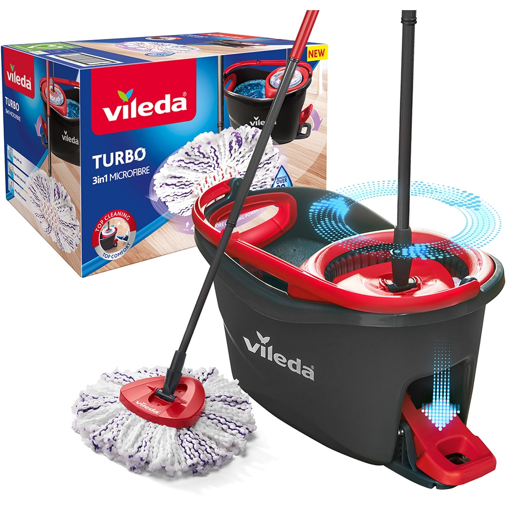 Set galeata cu storcator + mop + maner VILEDA Turbo 3in1, rosu-negru