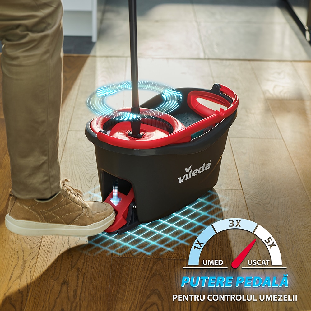 Set galeata cu storcator + mop + maner VILEDA Turbo 3in1, rosu-negru