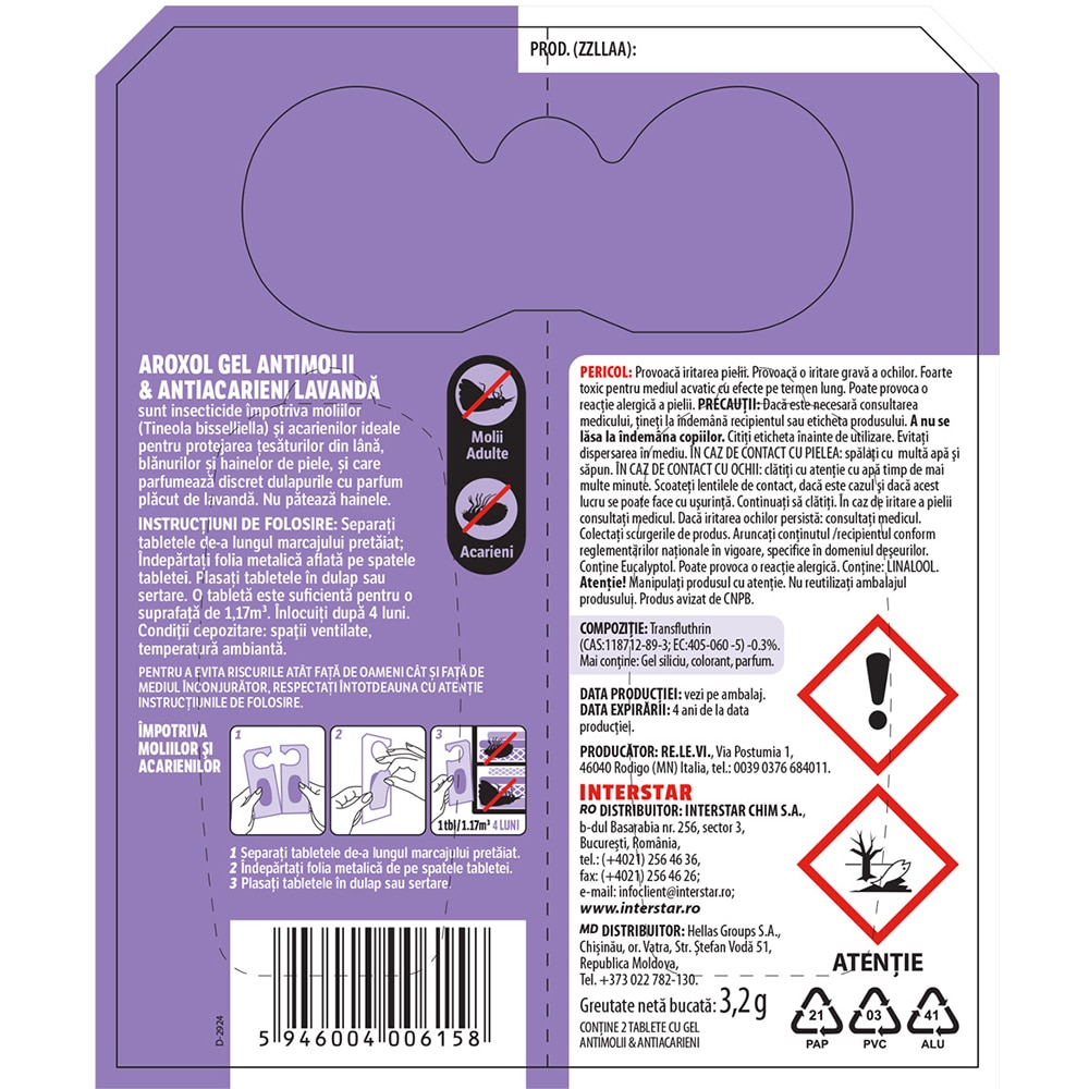 Gel anti-molii si anti-acarieni AROXOL, Lavanda, 2 buc