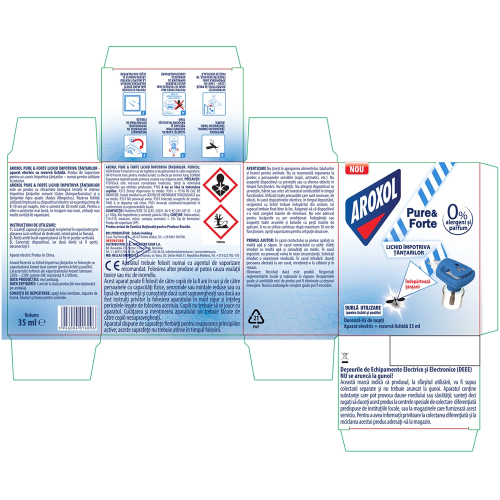 Aparat electric cu rezerva lichida impotriva tantarilor AROXOL Pure & Forte, 45 nopti