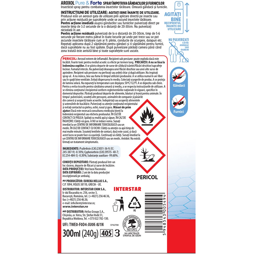 Spray impotriva gandacilor si furnicilor AROXOL Pure & Forte, 300 ml