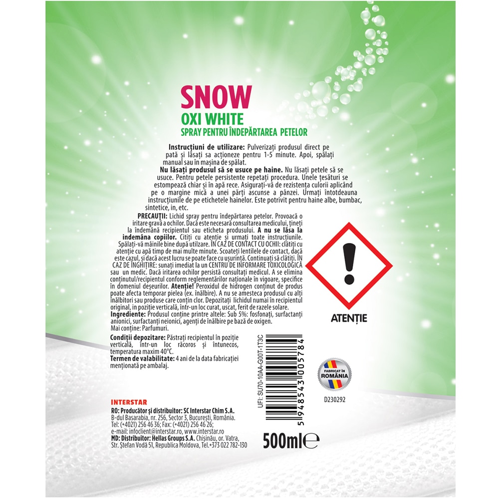 Spray pentru indepartarea petelor SNOW Oxi White, 500 ml