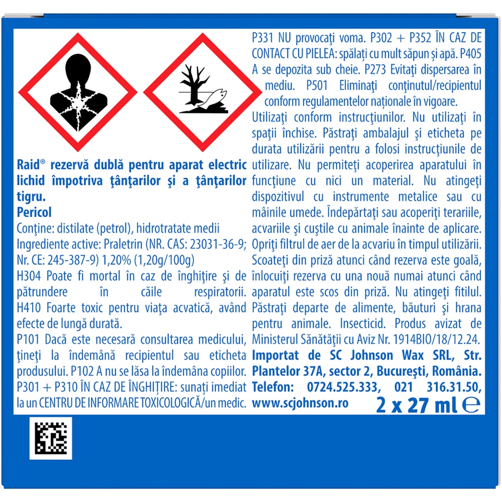 Set rezerve aparat electric anti-tantari RAID, 90 Nopti, 2 x 27 ml