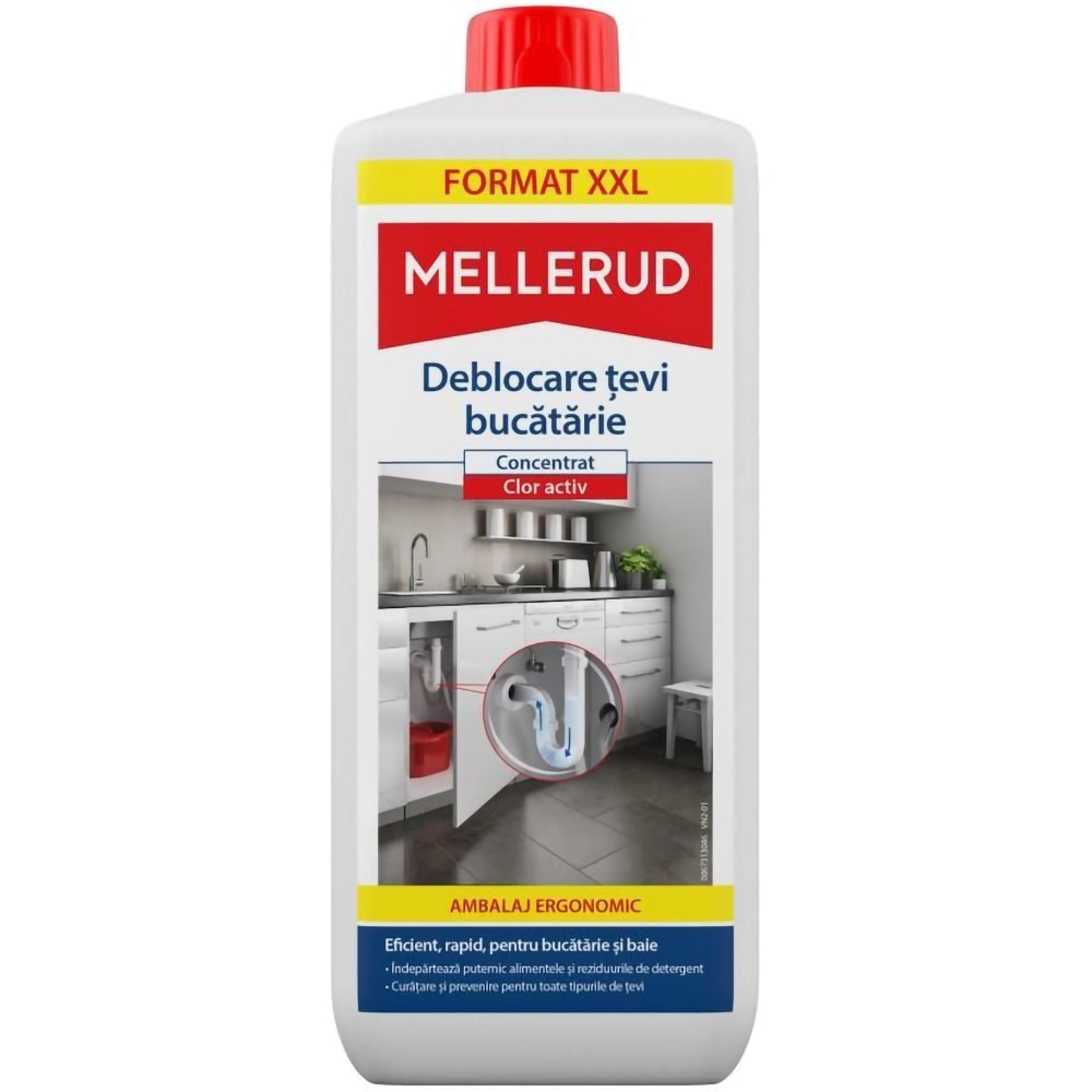 Solutie deblocare tevi bucatarie MELLERUD Concentrat Clor activ, 1.75l