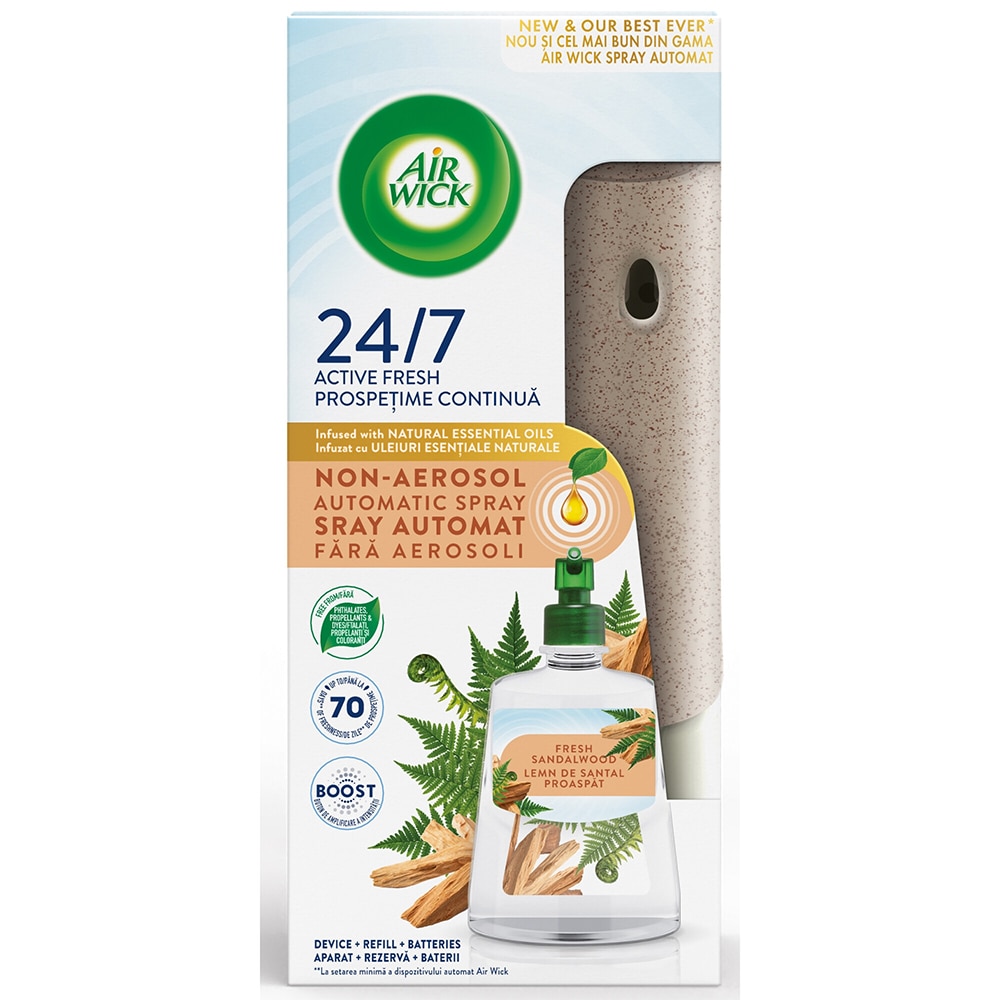 Kit odorizant de camera automat fara aerosoli AIR WICK, Lemn de Santal Proaspat, 228 ml