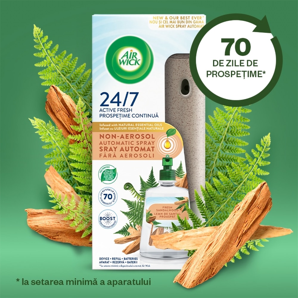 Kit odorizant de camera automat fara aerosoli AIR WICK, Lemn de Santal Proaspat, 228 ml