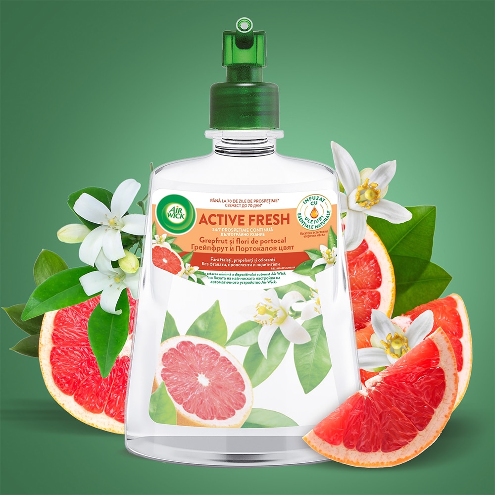 Rezerva odorizant de camera spray automat fara aerosoli AIR WICK Naturmatic, Grepfrut si Flori de portocal, 228 ml
