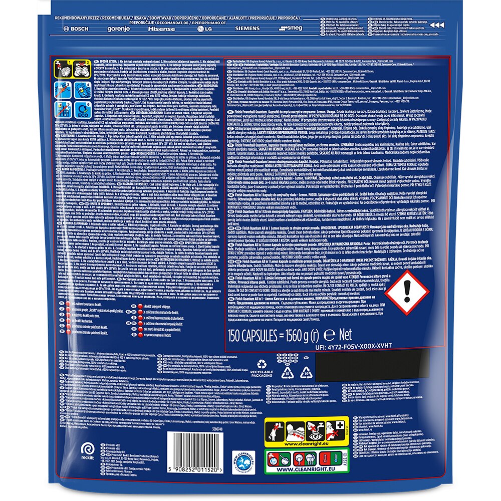 Detergent pentru masina de spalat vase FINISH Quantum, Lemon, 150 capsule