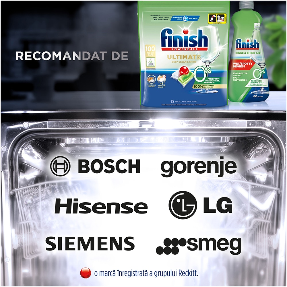 Detergent pentru masina de spalat vase FINISH Ultimate All in 1 Eco 0%, 100 capsule