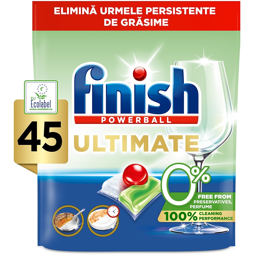 Detergent pentru masina de spalat vase Finish Ultimate All in 1 Eco 0%, 45 capsule