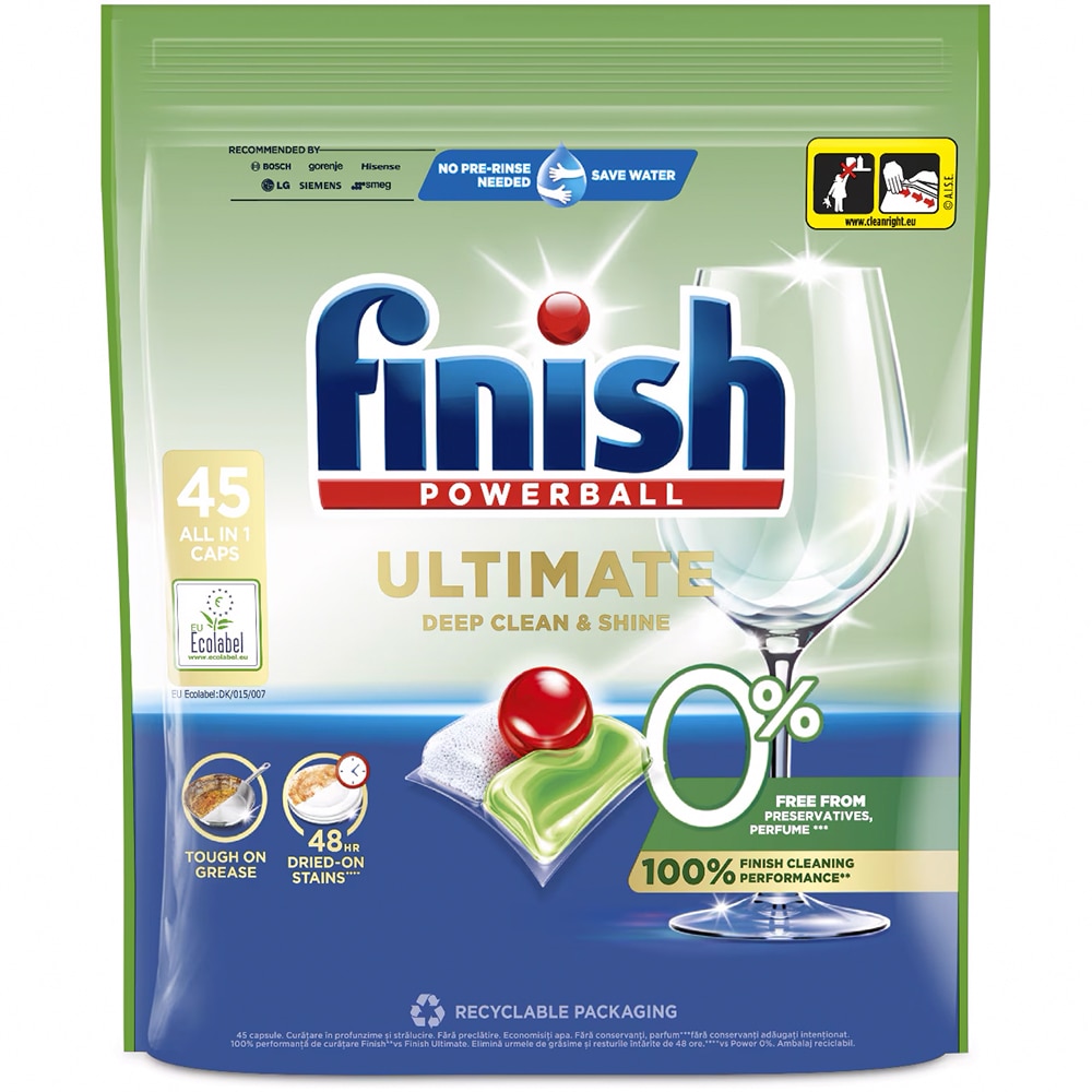 Detergent pentru masina de spalat vase Finish Ultimate All in 1 Eco 0%, 45 capsule